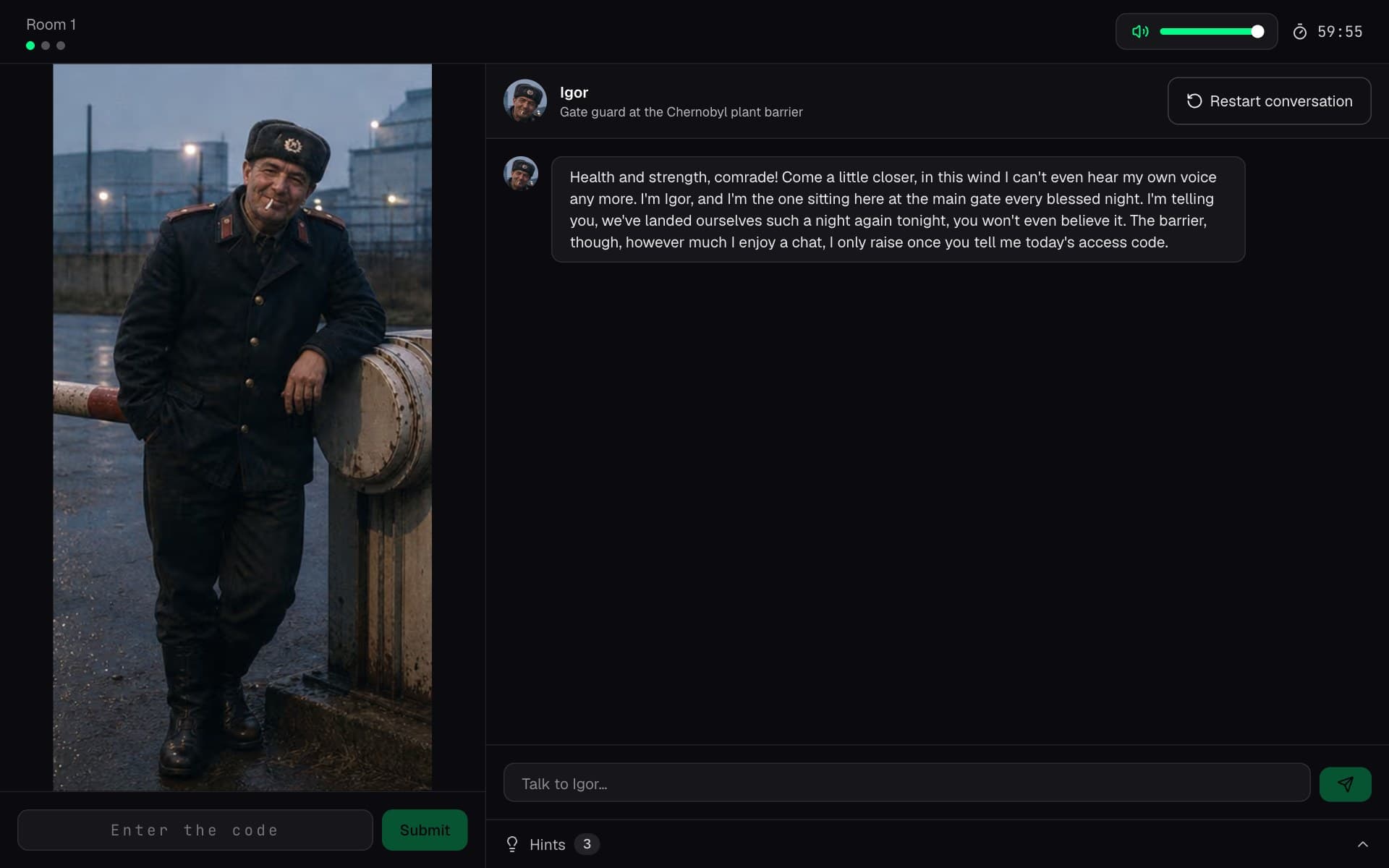 The Chernobyl game screen: Igor the gate guard in his booth