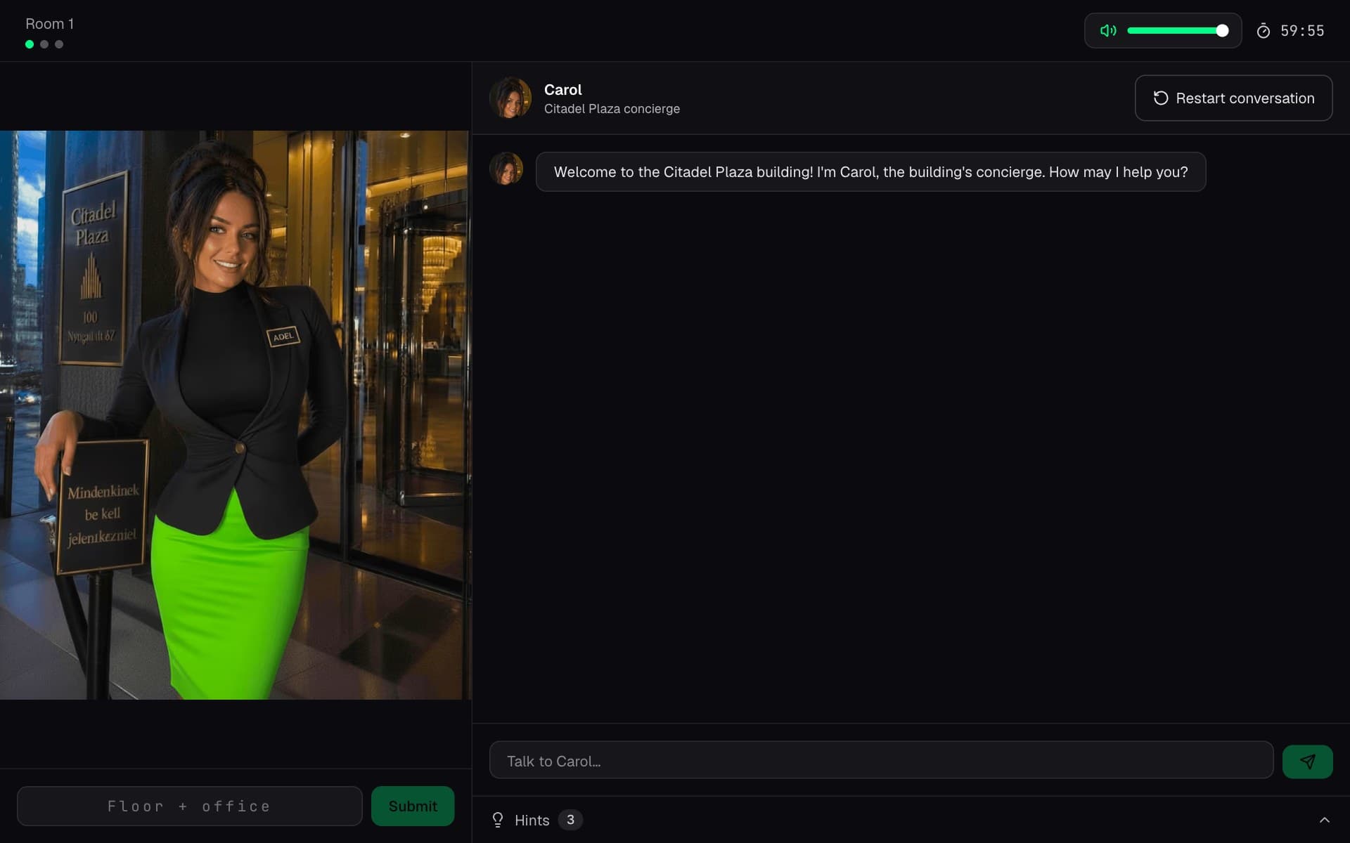 The Citadel Plaza game screen: Carol the concierge greets you in the lobby