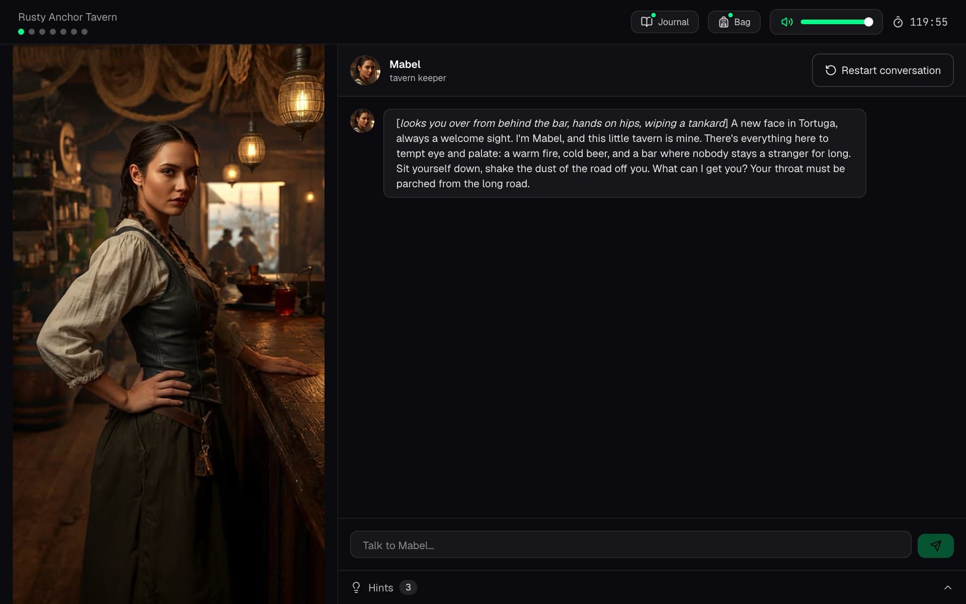 The Treasure of the Seven Seas game screen: Mabel behind the bar of the Rusty Anchor Tavern